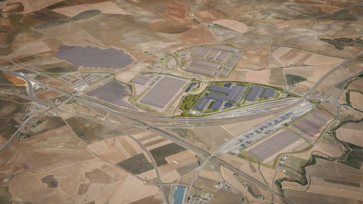 Terrenos donde se construye el Puerto Seco de Antequera, desde el aire.