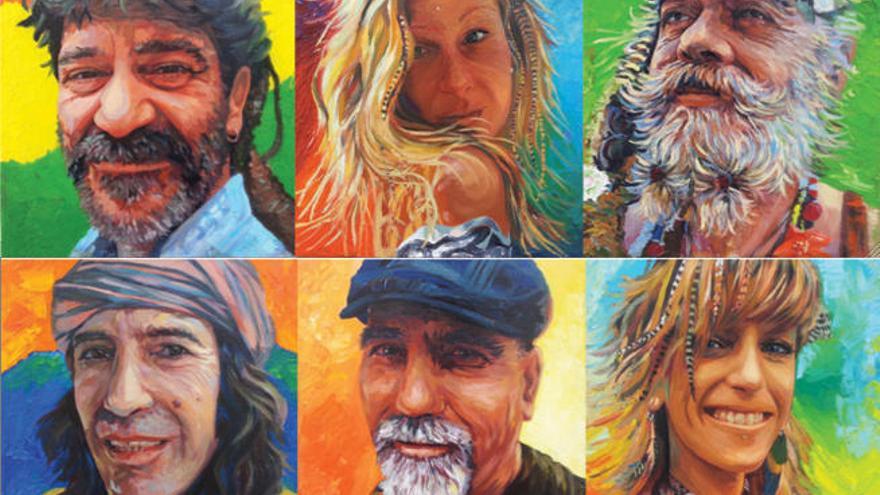 Varios de los retratos de Vivo Gal Grabby sobre personajes del Hippy Market.