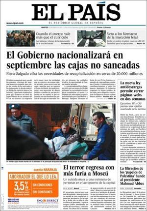 ’El País’ realça a dins a més que Zapatero prepara la cúpula del PSOE per al fracàs del pacte social; que Catalunya farà una tisorada de 850 milions a la despesa en sanitat; que Trinidad Jiménez no veu una sortida per al conflicte del Sàhara a curt termini; que el PSC obre el debat congressual sense esperar a les eleccions muncipals, i que el fenòmen ’OT’ es desinfla.
