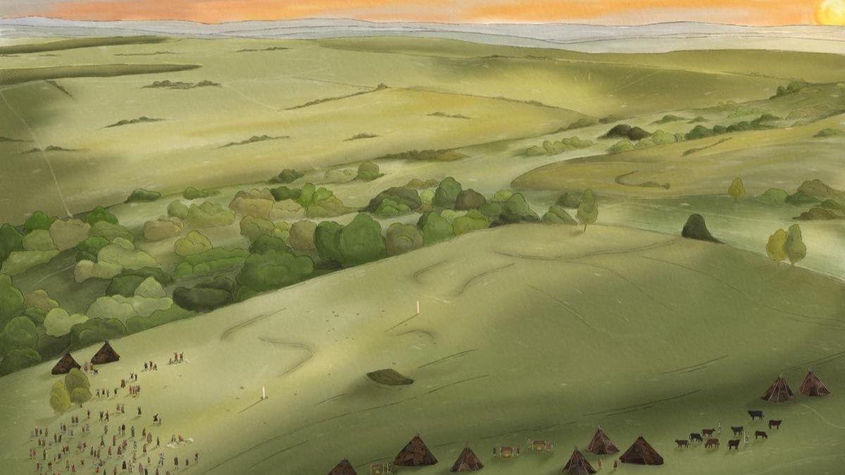 Reconstrucción de las celebraciones del solsticio de verano, tal como podrían haber ocurrido en Bulford hace 5.000 años.