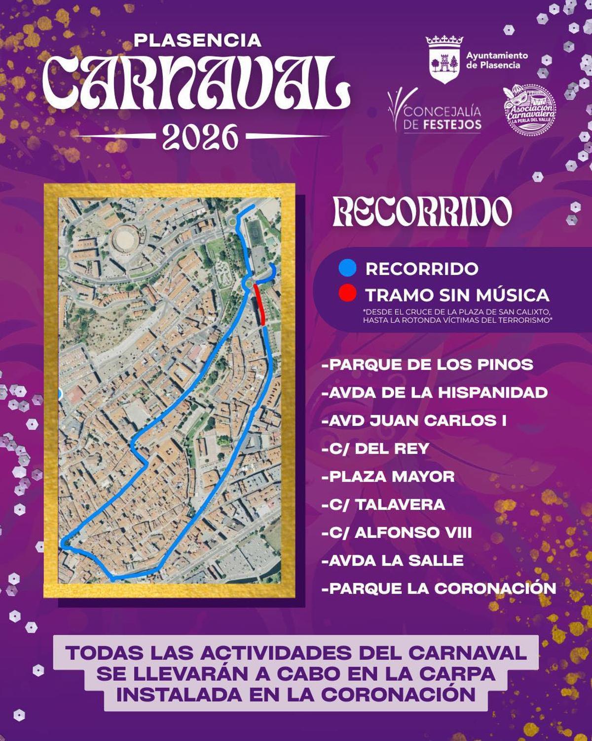 El nuevo recorrido del desfile del Carnaval de Plasencia.