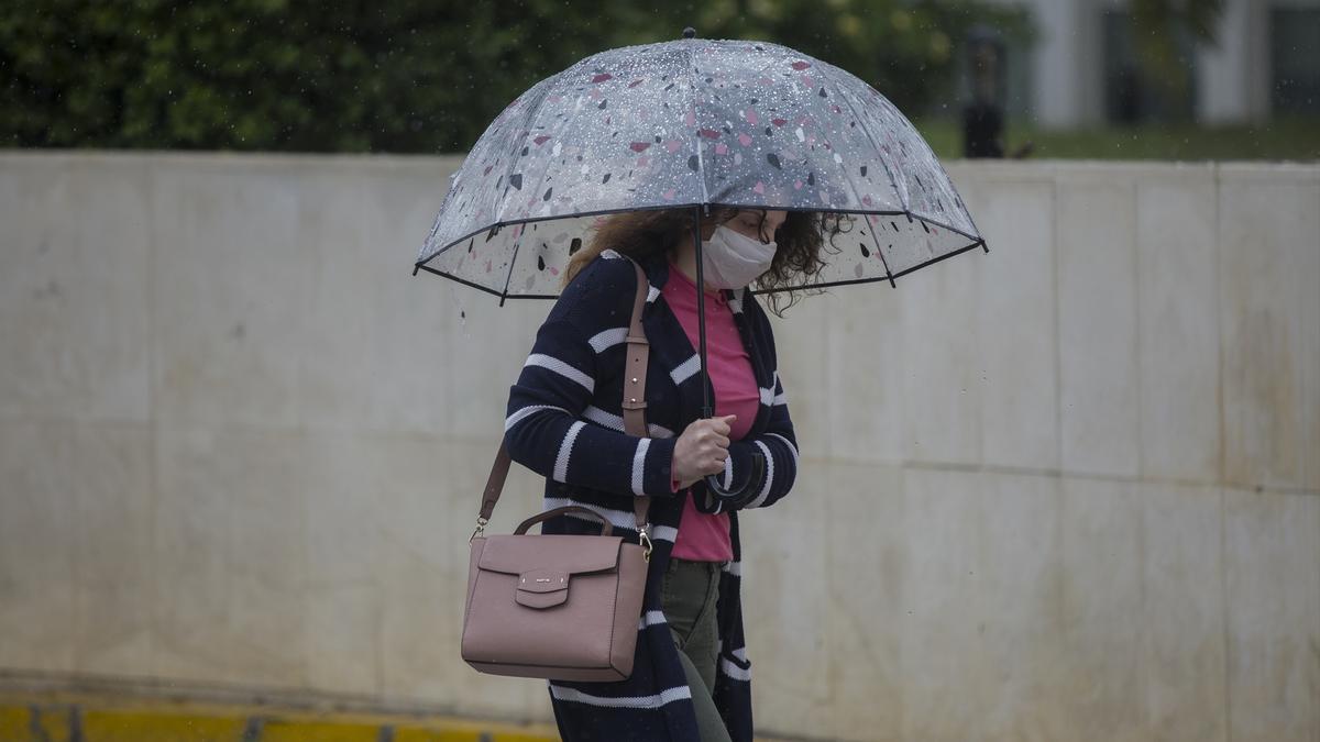 Una mujer con paraguas y mascarilla.