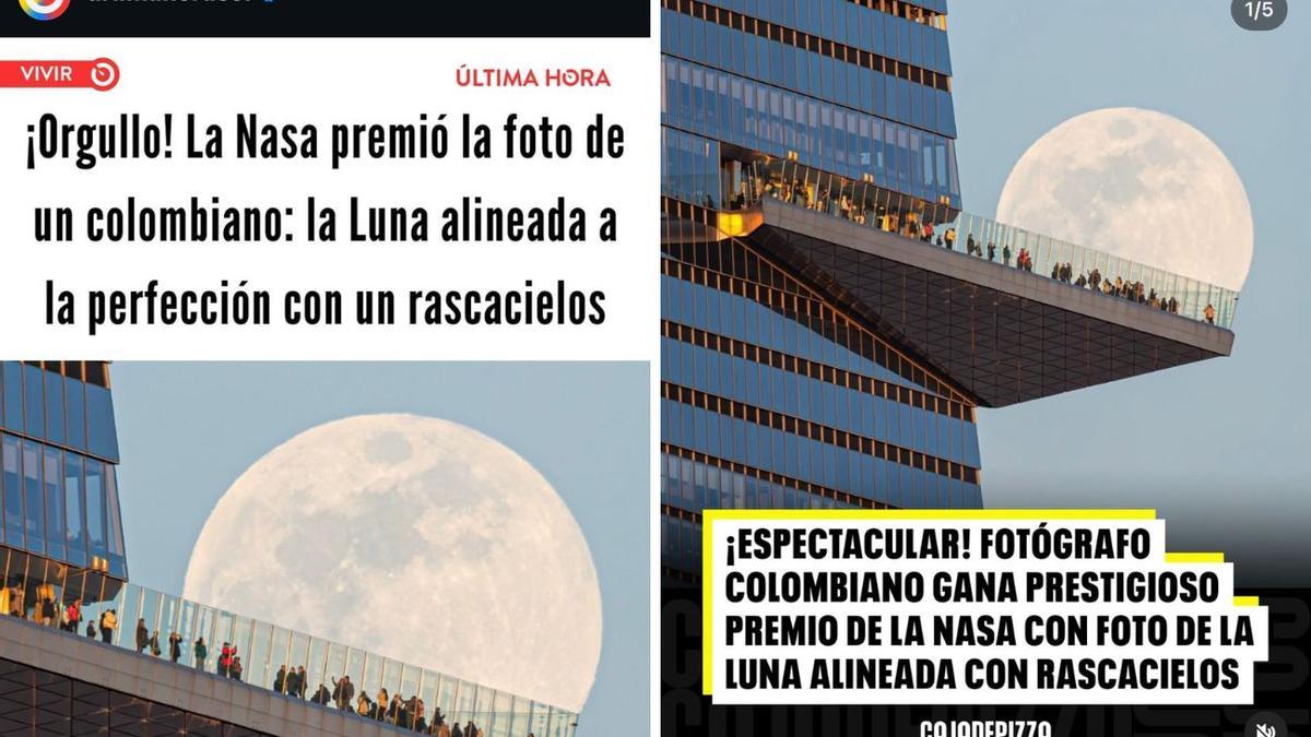 Captura de pantalla de dos medios colombianos que muestran su orgullo por el origen del astrofotógrafo premiado.