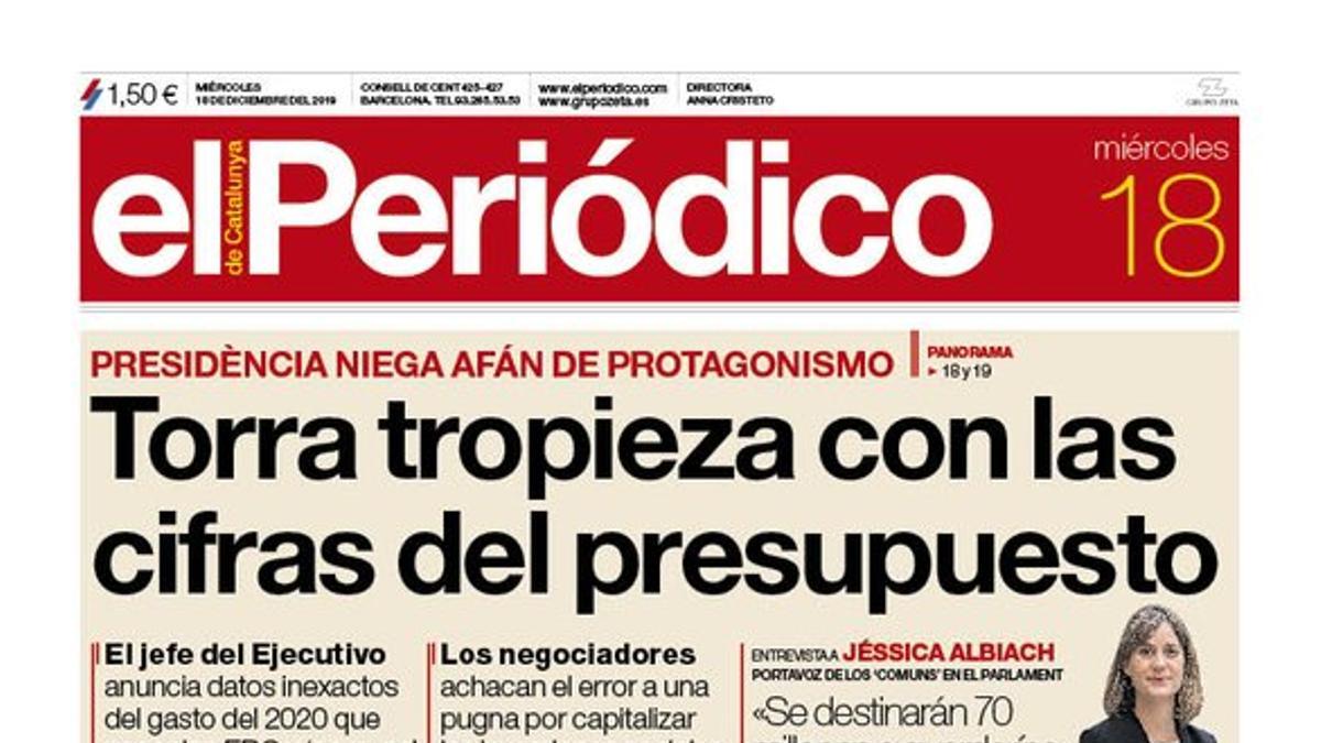 La portada de EL PERIÓDICO del 18 de diciembre del 2019