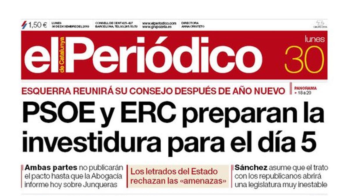 La portada de EL PERIÓDICO del 30 de diciembre del 2019