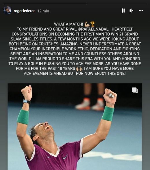 Captura de imagen del mensaje de Federer a Nadal.