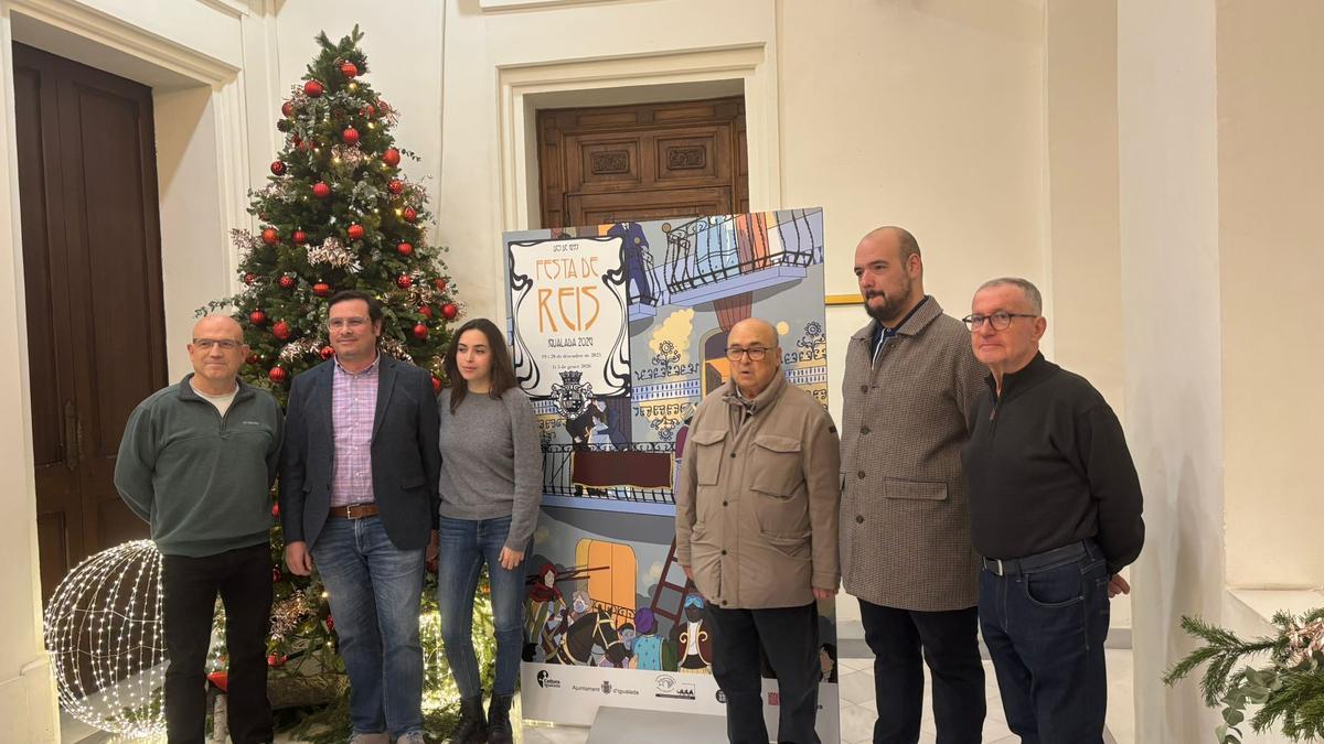 Representants de la Comissió de la Festa de Reis i de l'Ajuntament amb el cartell de la 131a edició de la festa