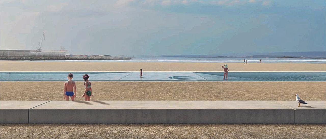 Imagen de la futura instalación de las piscinas al aire libre en la playa de A Concha-Compostela.