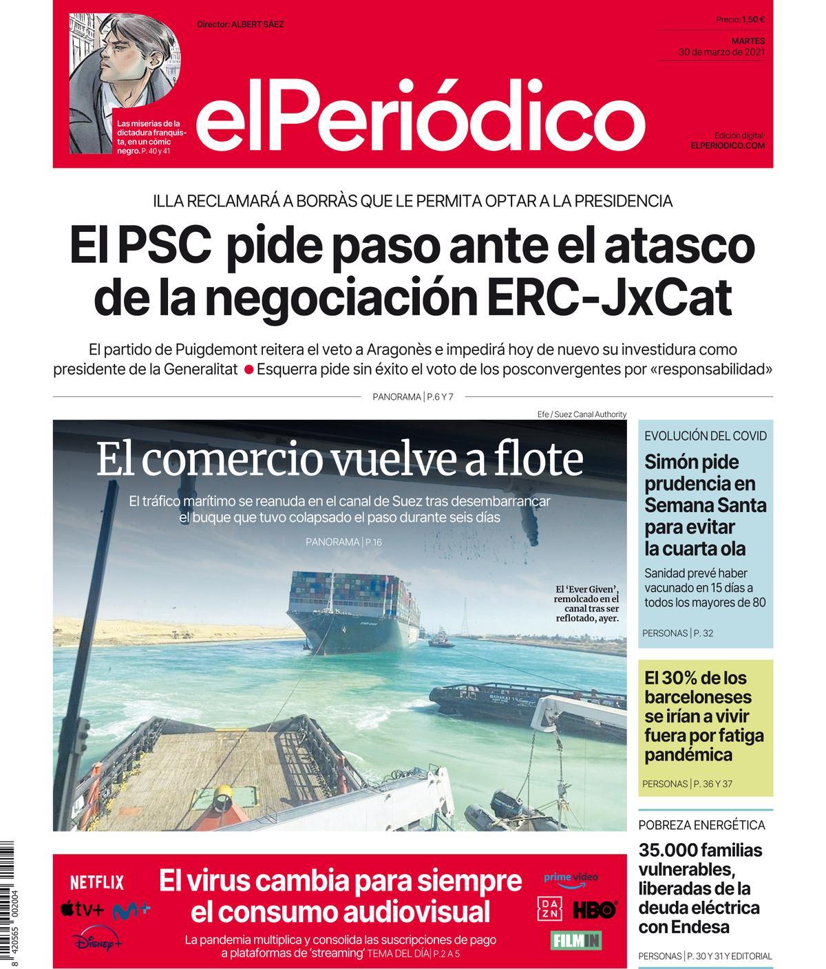 La portada d’EL PERIÓDICO del 30 de març del 2021