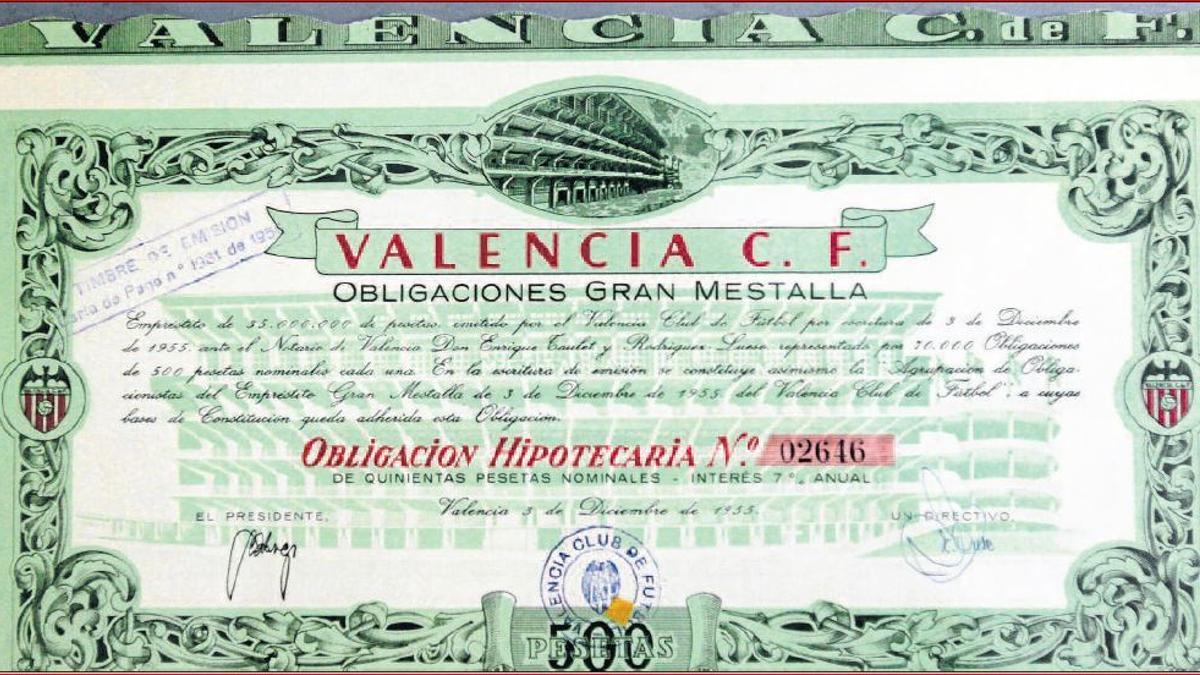 Bono de 500 pesetas de la reforma de Mestalla de 1955.