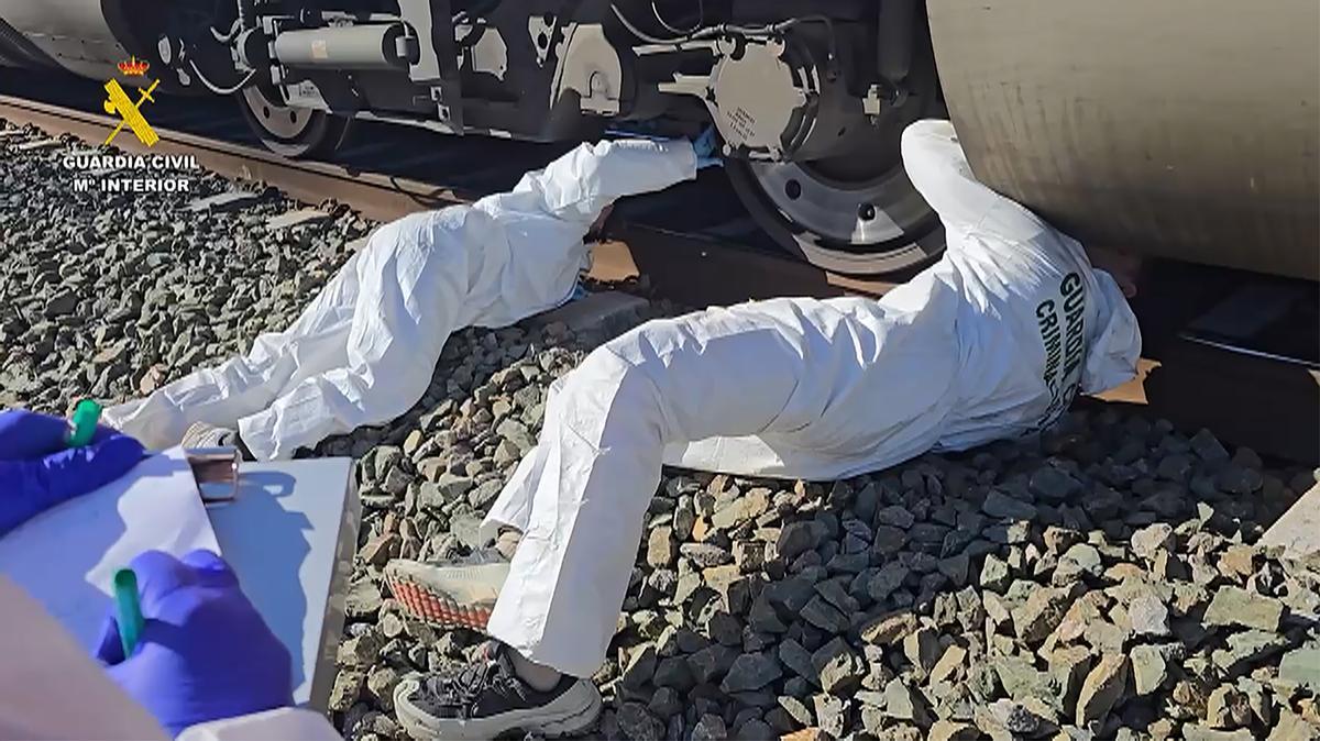La Guardia Civil inspecciona los bajos de uno de los trenes siniestrados.
