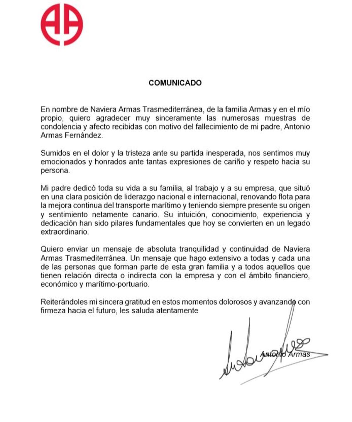 Comunicado de la familia de Antonio Armas.