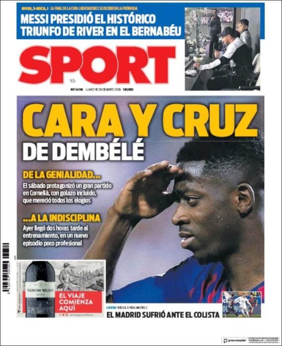 Portada SPORT lunes 10 de diciembre de 2018