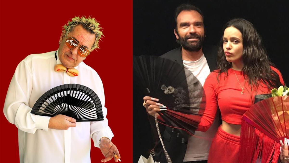 Carlos Penas, a la izquierda, junto a una imagen de Olivier Bernoux y Rosalía con uno de los abanicos del artista francés