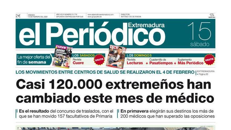 Esta es la portada de EL PERIÓDICO EXTREMADURA correspondiente al día 15 de febrero del 2020