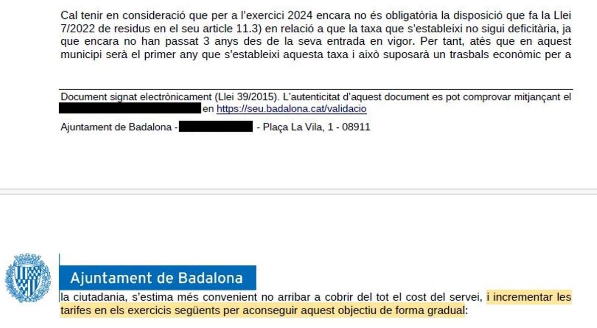 Extracto del informe sobre la tasa de basuras de Badalona.