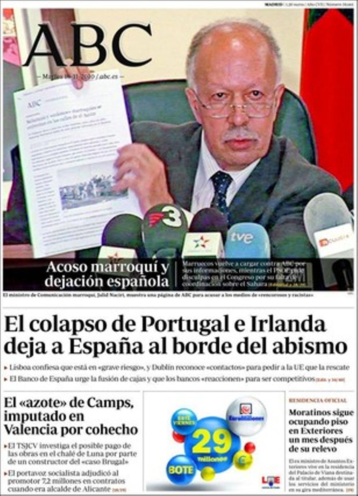 A dins ’Abc’ explica que Miguel Ángel Moratinos encara viu al palau de Viana, la casa del ministre d’Afers Estrangers, un mes després del relleu; el pou sense fons que suposen els comptes de totes les televisions públiques, i que la Seguretat Social pagarà una prestació als pares de menors amb càncer.