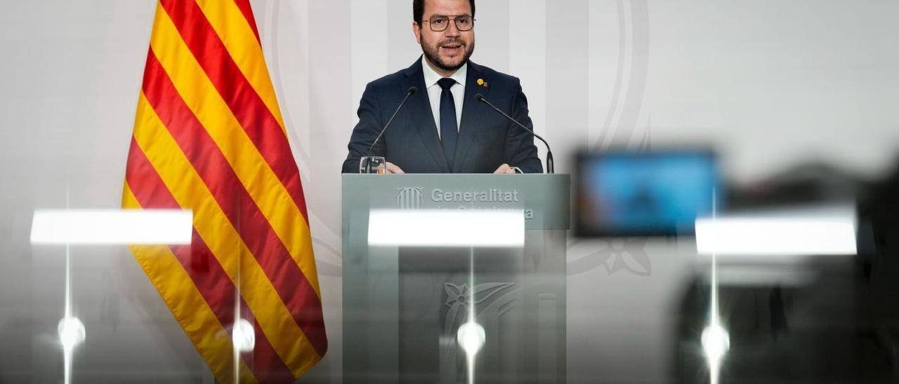 El president de la Generalitat, Pere Aragonés, durant la roda de premsa d’ahir