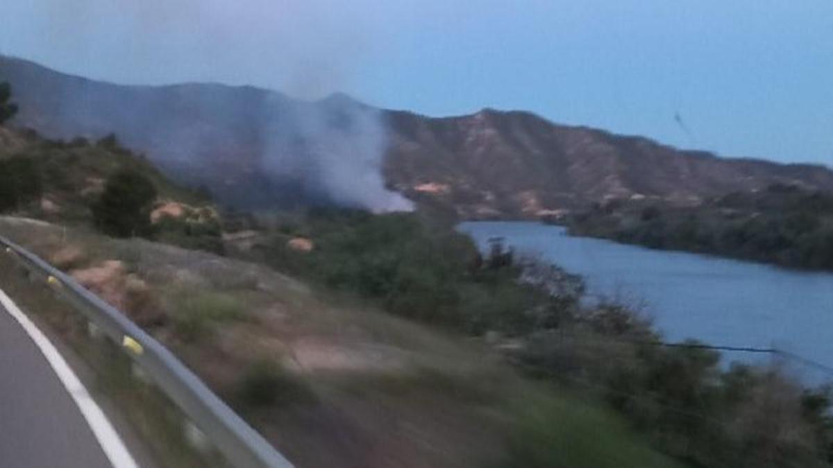 Columna de fuego junto al río Ebre que corresponde al incendio originado esta madrugada en Riba-roja d'Ebre (Tarragona).