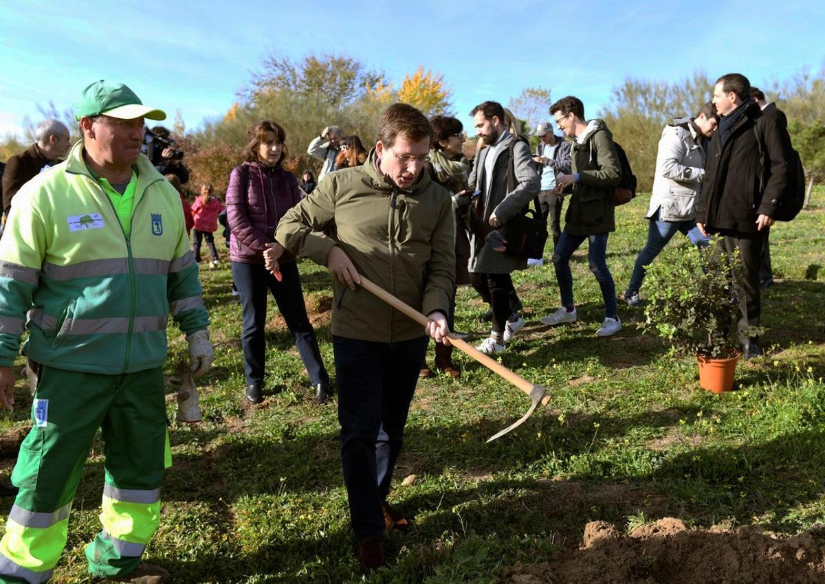 GRAF6767. MADRID, 25/11/2019.- El alcalde de Madrid, José Luis Martínez Almeida, participa este lunes junto a un grupo de 60 estudiantes en la plantación de pinos y encinas en el marco del proyecto Madrid Green Capital, una semana de actividades que sirve como prólogo a la cumbre del clima (COP25). EFE/Víctor Lerena