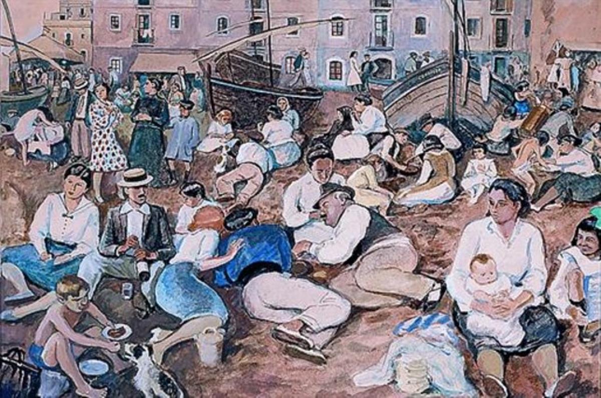 Dibuix i aquarel·la ’Multitud a la platja’.