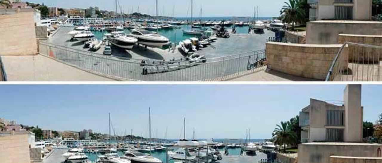 Fotografía actual del puerto remodelado (arriba), y la misma imagen con una recreación de los módulos desmontables.