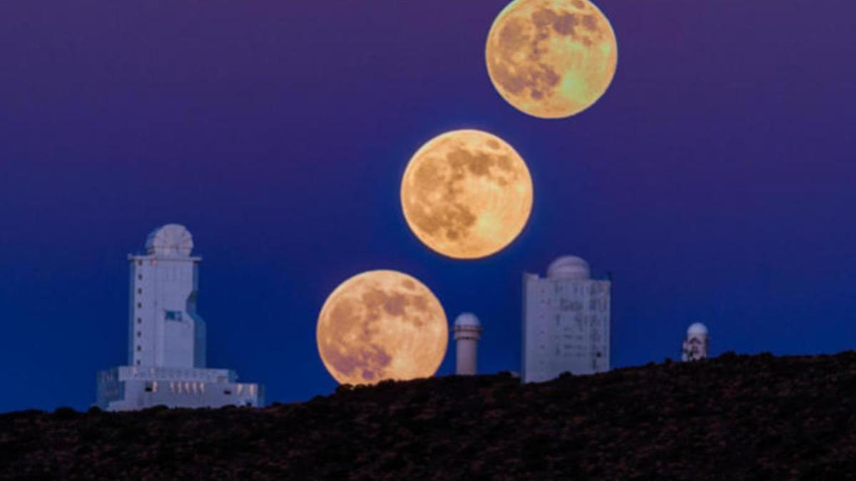 Tres imágenes superpuestas de la SuperLuna del 10 de agosto de 2014, tomadas en el Parque Nacional del Teide.