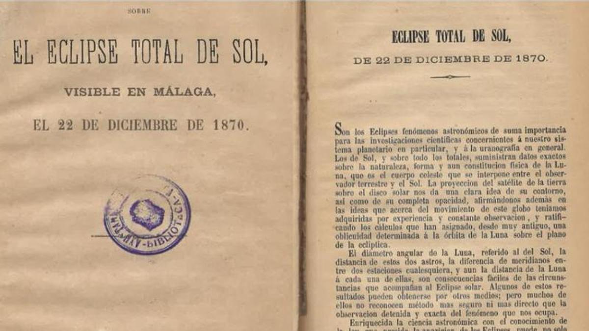 El archivo municipal de Málaga rescata una memoria de 1870 que recuerda un eclipse total de sol.