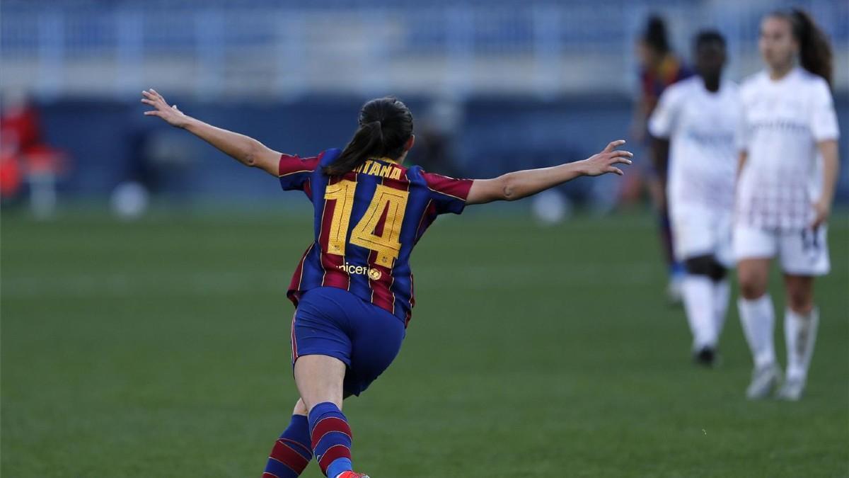 Aitana Bonmatí, celebra un gol durante la final de la Copa de la Reina ante el EDF Logroño
