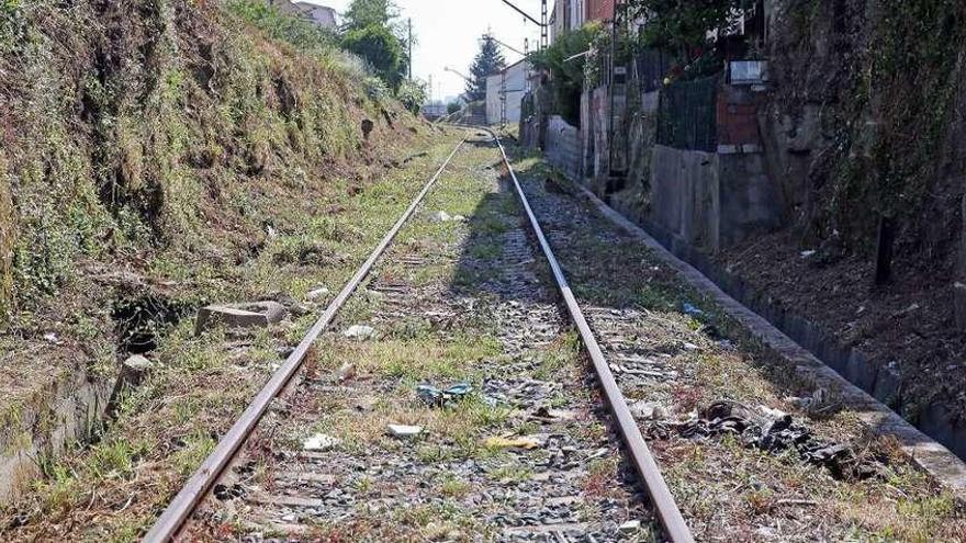 Una vecina de la avenida de Galicia pasea por las antiguas vías tras la limpieza de maleza. // Marta G. Brea