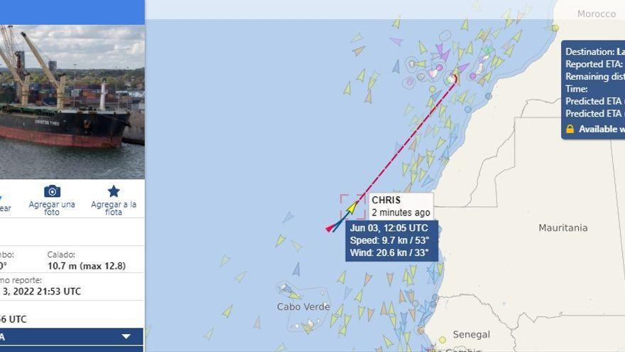 La trayectoria del mercante que rescató a los cinco tripulantes entre Canarias y Cabo Verde.