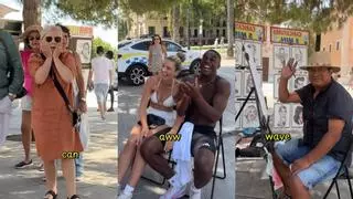 La viral reacción de dos turistas al retrato que les hace un caricaturista en Palma