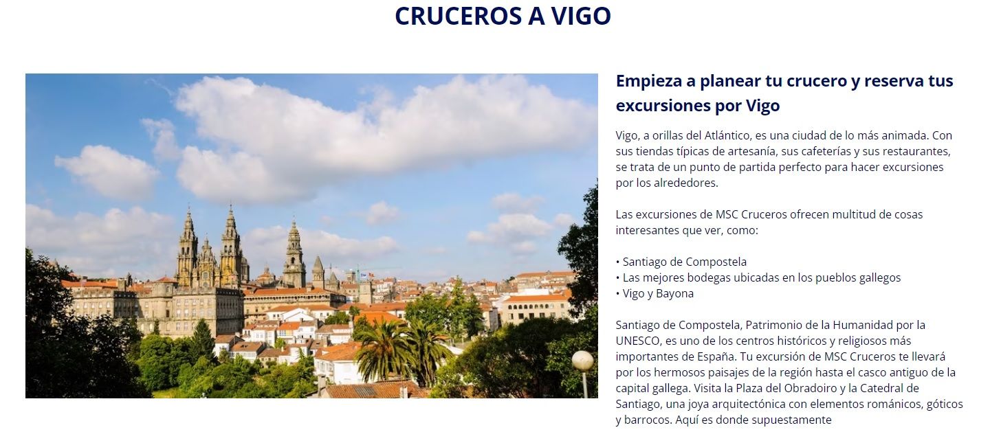 MSC Cruceros, como otras navieras, encabeza la información sobre Vigo con la Catedral de Santiago.