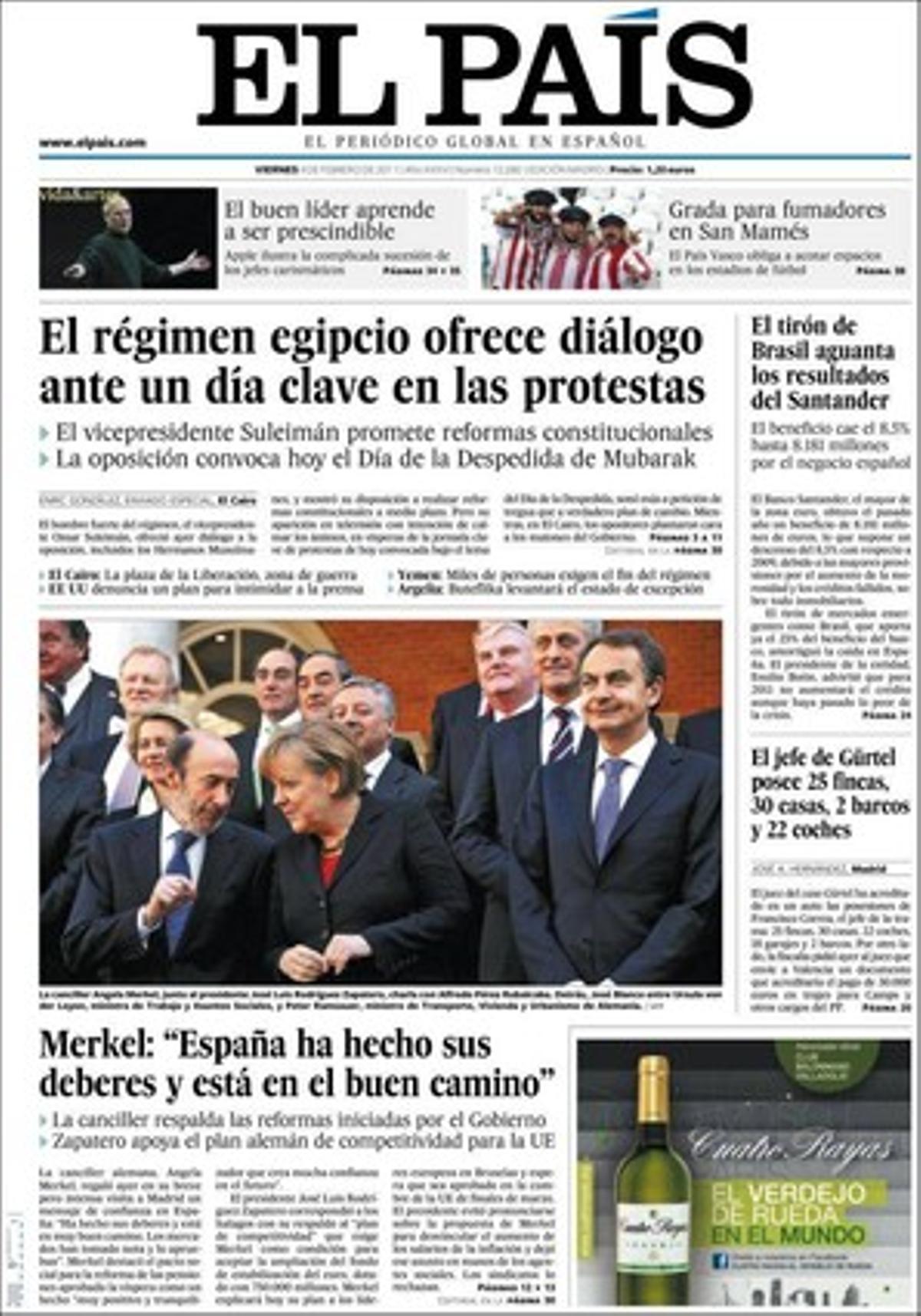 A dins, ’El País’ destaca també que els sindicats exigeixen la declaració de l’IVA per acomiadar per pèrdues futures, que Rajoy vol acabar amb els convenis sectorials i que Aznar defensa la privatització completa de les caixes d’estalvis. També que el fiscal aporta un document amb més proves dels vestits de Camps, l’inici de les primàries del PSC a Barcelona, que el conseller Boi Ruz vol que els treballadors de la sanitat treballin més hores i que s’han entregat els últims paquets d’adreces IPv4 d’internet, i per això urgeix a canviar el sistema.