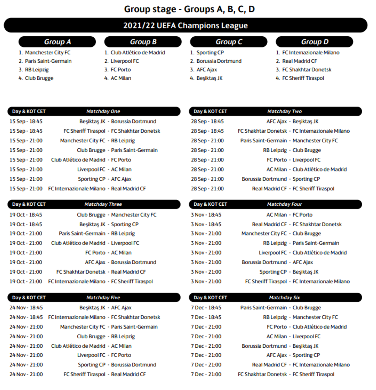 Calendario grupos A,B,C,D