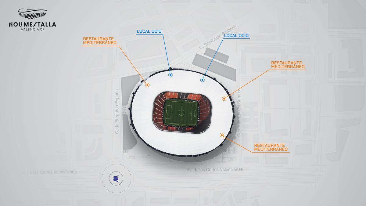 Plano con la situación de los restaurantes en el Nou Mestalla