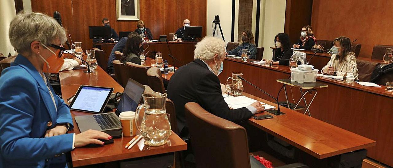 . Los concejales regresaron ayer al salón de plenos, como se aprecia en la fotografía, tras varios meses de sesiones telemáticas.