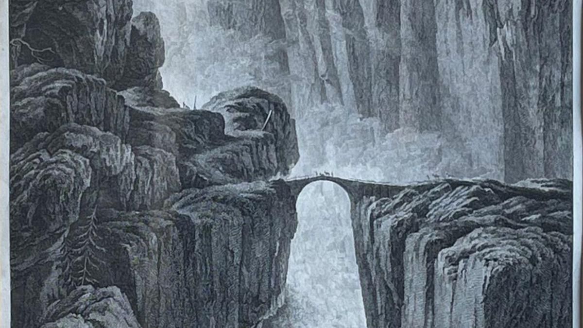 Puente del diablo sobre el río Reuss (Suiza), grabado de Châtelet y Masquelier (siglo XVIII)