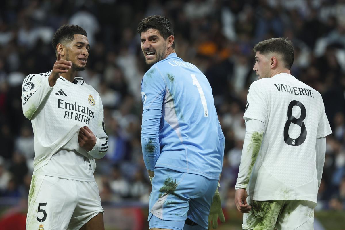 Los jugadores del Real Madrid Jude Bellingham, Thibaut Courtois y Fede Valverde.