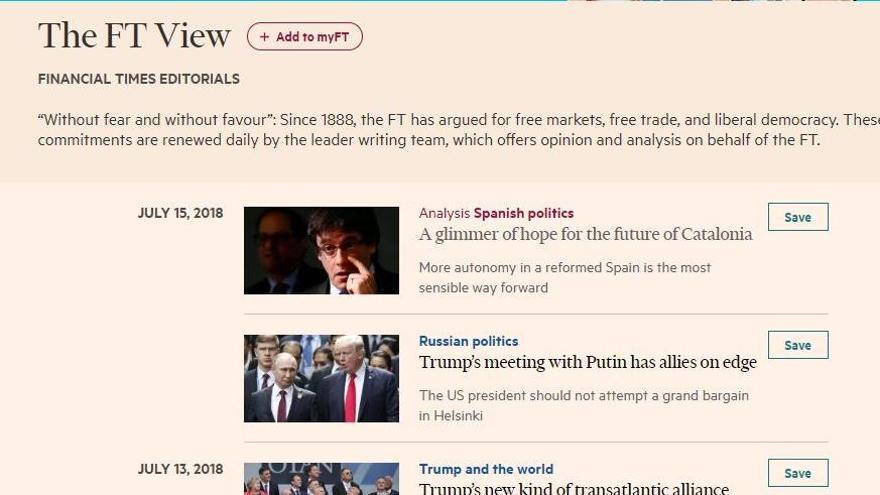 El Financial Times demana reconèixer Catalunya com a nació i oferir-li més autogovern