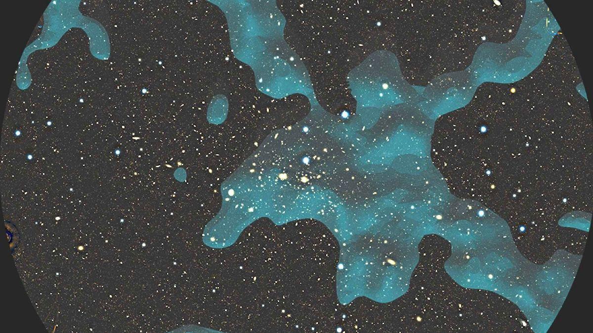 La distribución de materia oscura calculada en base a esta investigación (nube verde oscura) se superpone a una imagen del Cúmulo de Coma y de galaxias de fondo más distantes tomadas por el Telescopio Subaru. Se observan hebras de materia oscura que se extienden a millones de años luz.
