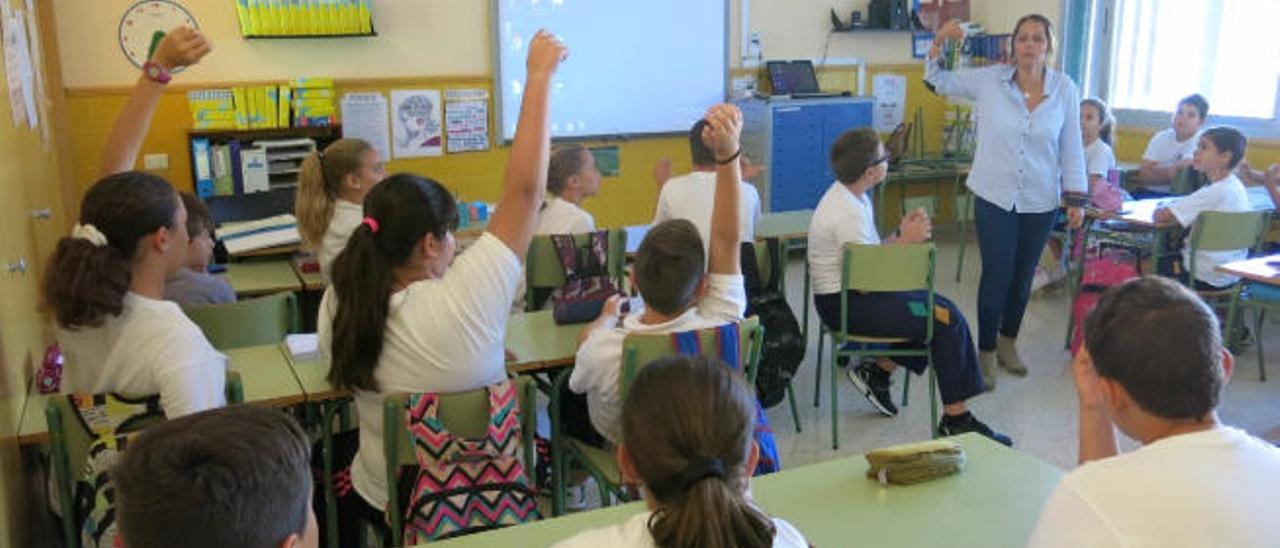 Un grupo de alumnos alzan la mano para preguntar a su maestra en un colegio de Canarias.