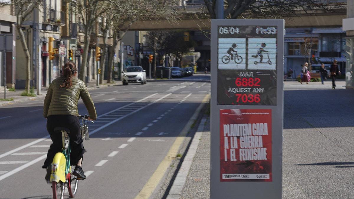 El comptador de bicicletes i patinets del carrer Santa Eugènia, aquest dilluns.