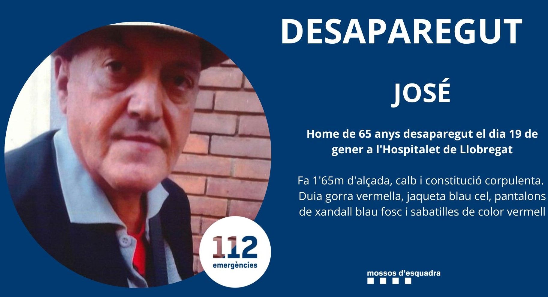 Los Mossos piden ayuda para localizar a José, vecino de L'Hospitalet desaparecido desde el 19 de enero de 2023.