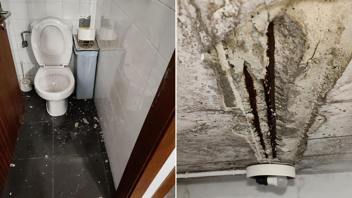 A la izquierda, desprendimientos en un baño; a la derecha, una gran humedad en un techo.