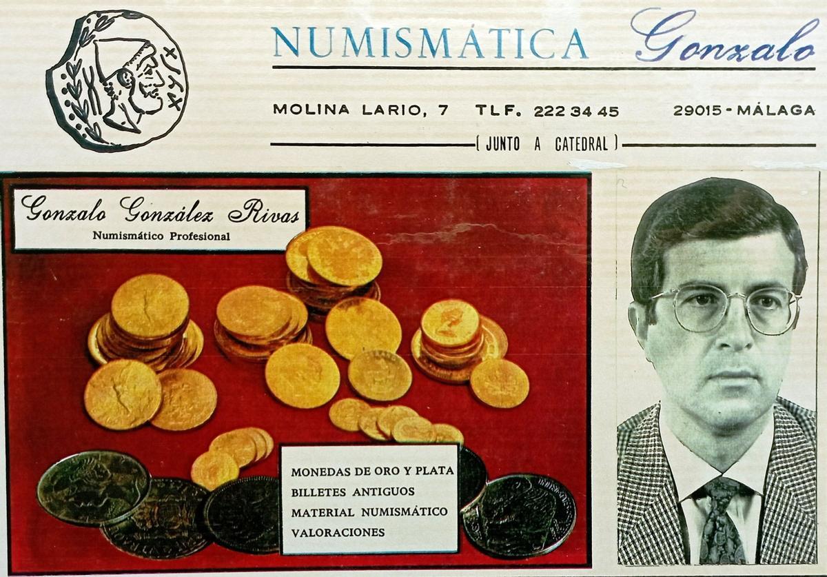 Tarjeta de la Numismática de Gonzalo González Rivas, en los inicios del negocio, siempre en la calle Molina Lario.
