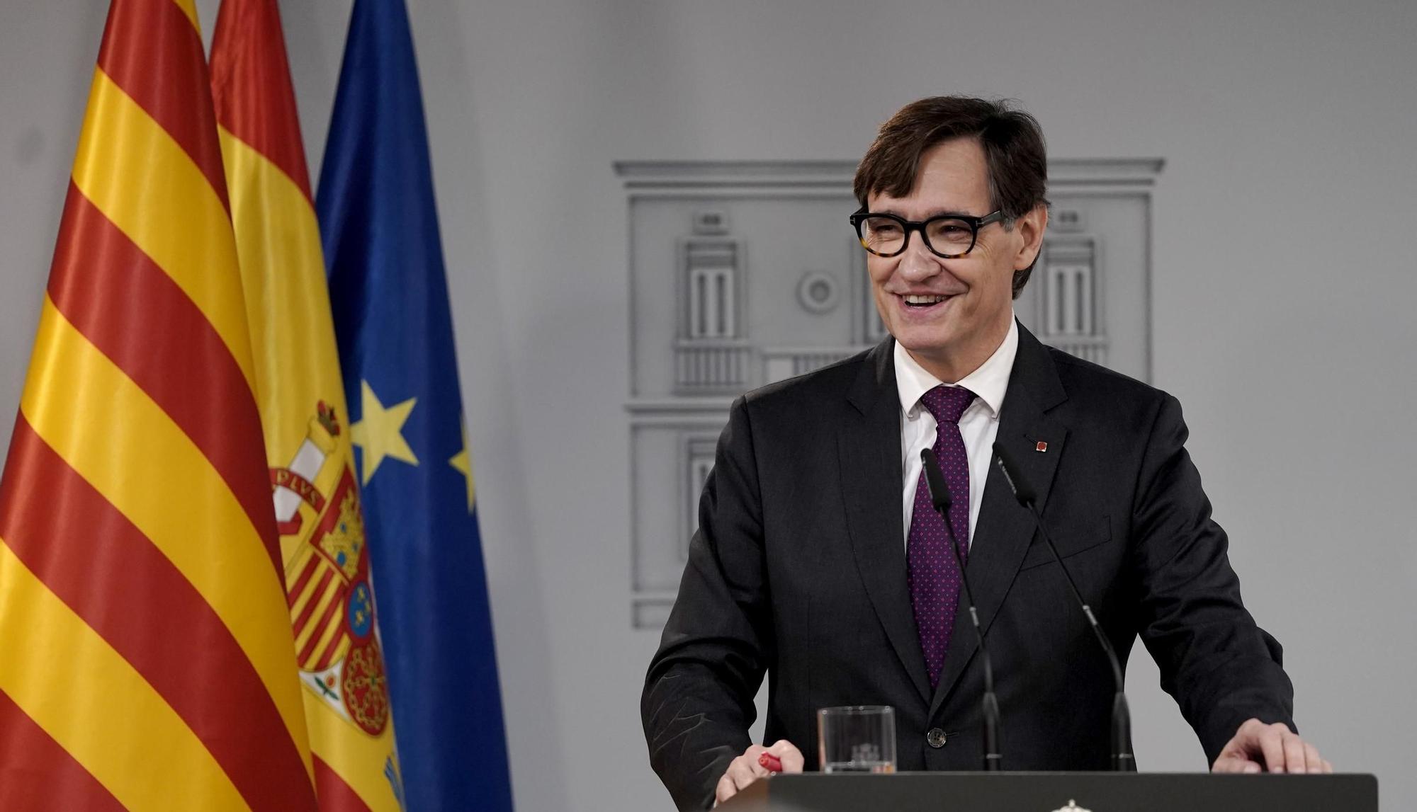 Salvador Illa durante la rueda de prensa posterior a la reunión con Sánchez.