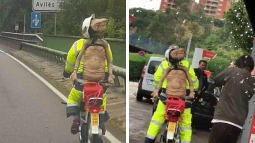 El motorista que lleva a E. T. enganchado a su espalda, por la Variante y en Los Canapés.