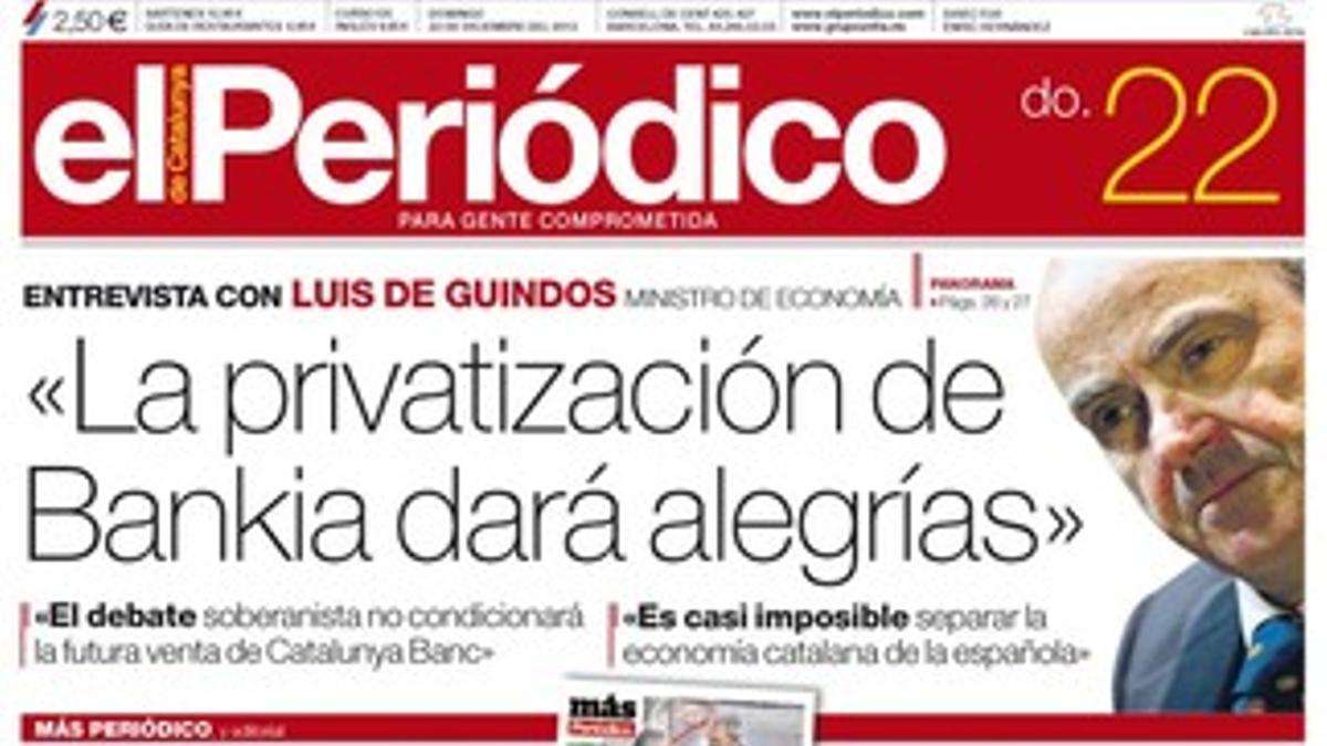 La portada de EL PERIÓDICO DE CATALUNYA del domingo 22.