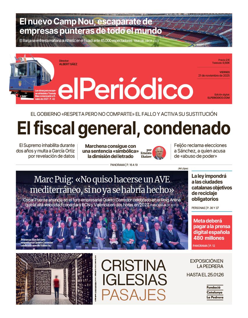 La portada de EL PERIÓDICO del 21 de noviembre de 2025